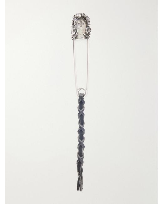 Enfants Riches Deprimes White Oversized Safety Pin Leather-Trimmed Sterling Keyring for men