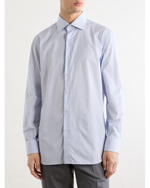 Brioni Blue Striped Cotton-Poplin Shirt for men