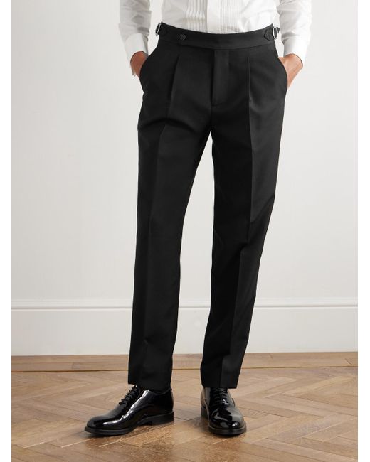 Brunello Cucinelli Black Tapered Pleated Satin-Trimmed Silk, Wool And Mohair-Blend Trousers for men