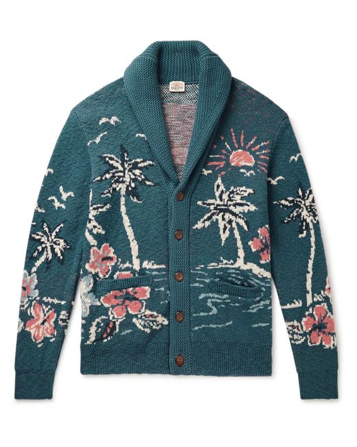 Faherty Brand Blue Offshore Swell Shawl-collar Jacquard-knit Organic Cotton Cardigan for men