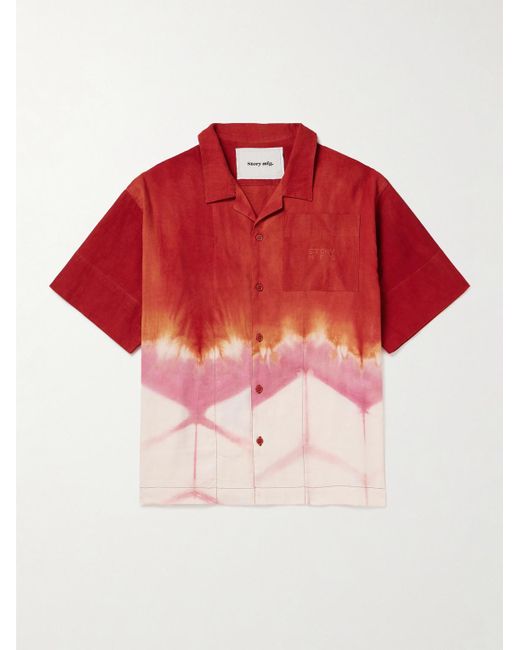 STORY mfg. Red Greetings Camp-collar Tie-dyed Cotton And Linen-blend Shirt for men