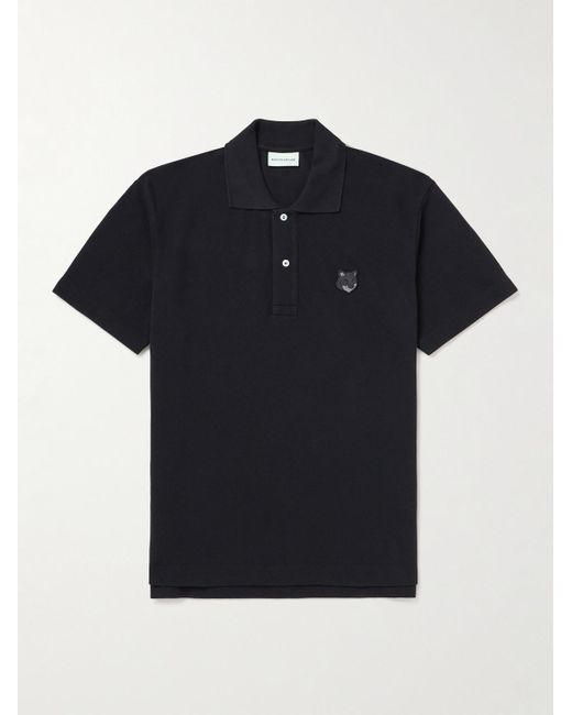 Polo in cotone piqué con logo applicato di Maison Kitsuné in Black da Uomo