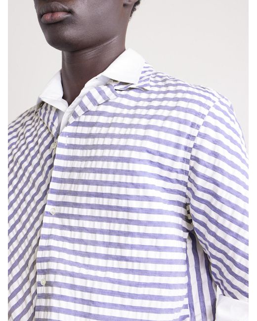 Officine Generale Blue Eren Camp-Collar Striped Cotton Shirt for men