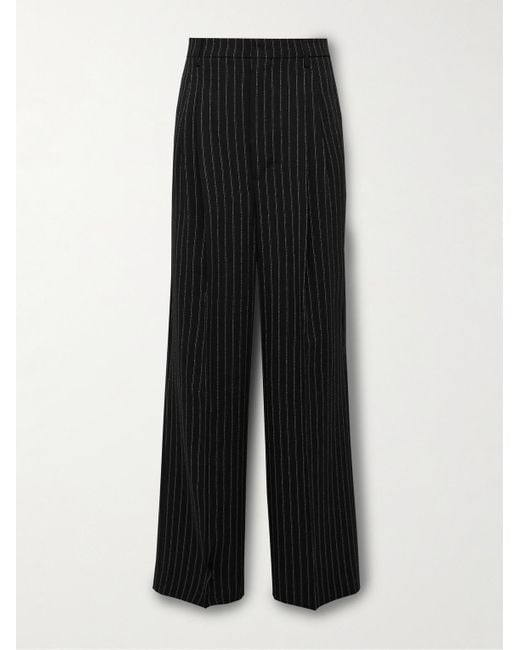 AMI Black Wide-leg Pleated Pinstriped Wool Trousers for men
