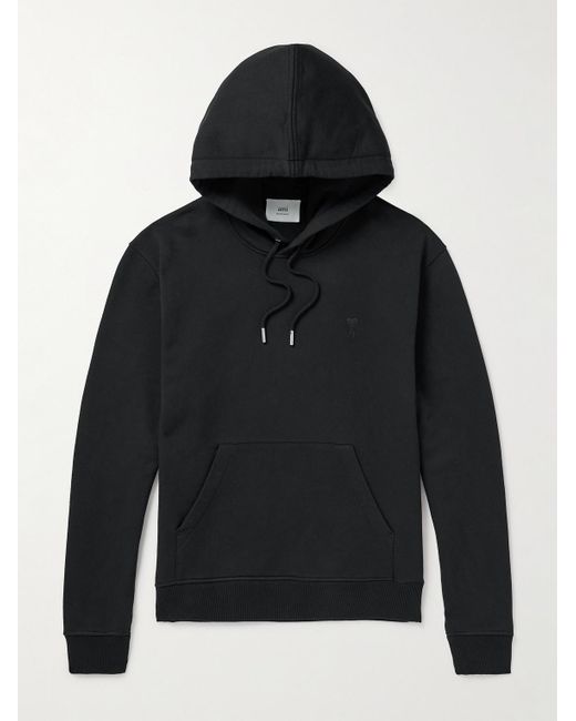 AMI Black Logo-embroidered Organic Cotton-jersey Hoodie for men