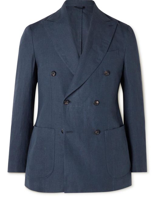 De Petrillo Blue Double-breasted Linen Suit Jacket for men