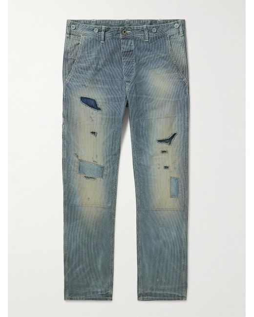 RRL Blue Hopkins Straight-leg Distressed Embroidered Jeans for men