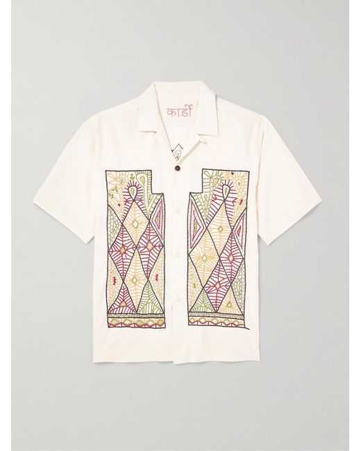 Kardo White Craft Ayo Convertible-Collar Embroidered Cotton Shirt for men