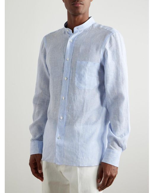Grandad-Collar Striped Linen Shirt di Rubinacci in Blue da Uomo