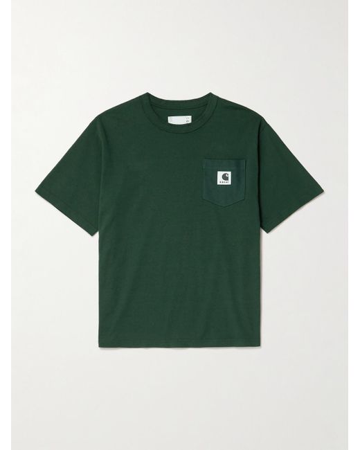 Sacai Green Carhartt Wip Logo-Appliquéd Canvas-Trimmed Cotton-Jersey T-Shirt for men