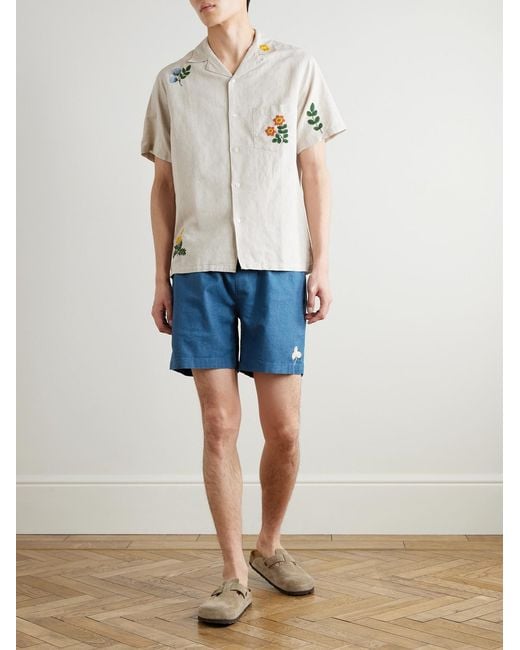 Portuguese Flannel Natural Convertible-Collar Embroidered Linen And Cotton-Blend Shirt for men