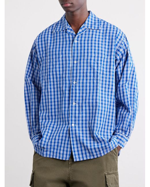 Beams Plus Blue Camp-Collar Checked Cotton Shirt for men