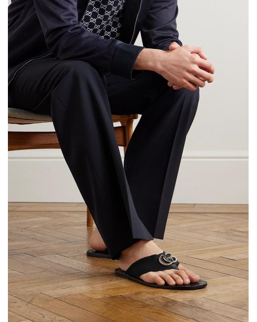 Gucci Black Riviera Logo-Embellished Leather And Elastic Flip Flops for men