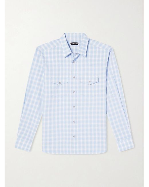 Tom Ford Blue Slim-fit Checked Cotton And Linen-blend Shirt for men