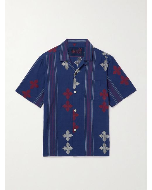 Kardo Blue Convertible-collar Embroidered Striped Cotton Shirt for men