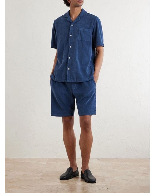 Fedeli Blue Camp-Collar Cotton-Terry Shirt for men