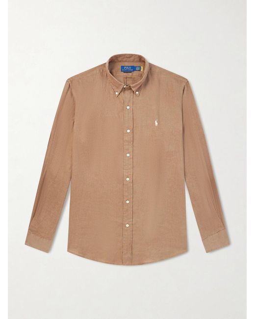 Polo Ralph Lauren Natural Button-Down Collar Logo-Embroidered Linen Shirt for men