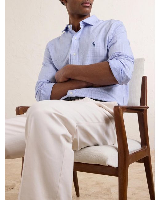 Polo Ralph Lauren Blue Logo-Embroidered Houndstooth Cotton-Jersey Shirt for men