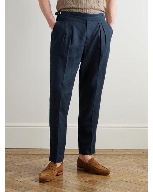 Mr P. Blue Steve Tapered Pleated Linen Trousers for men