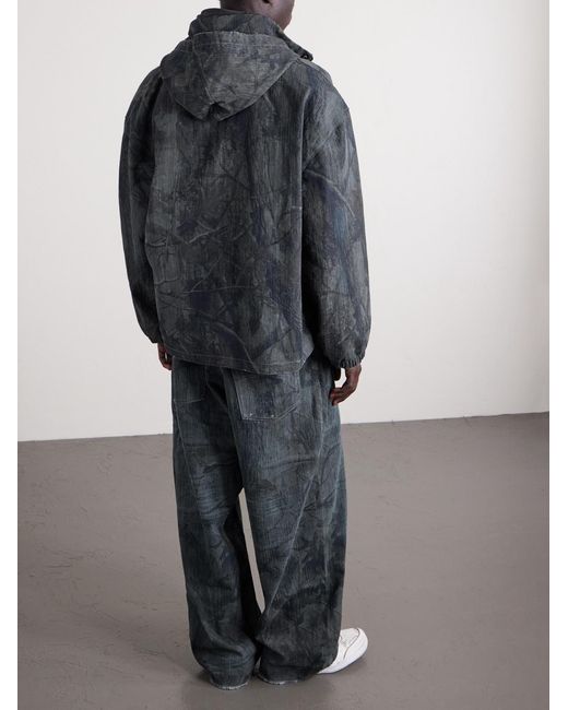 Balenciaga Blue Logo-Embroidered Distressed Printed Denim Hooded Jacket for men