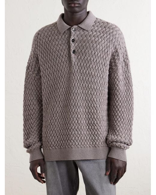 Bottega Veneta Gray Intrecciato Wool Polo Sweater for men