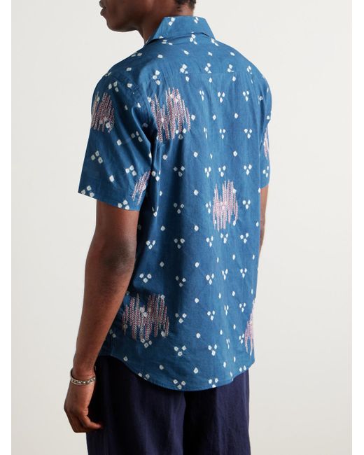Kardo Blue Lamar Convertible-Collar Embroidered Printed Cotton-Voile Shirt for men