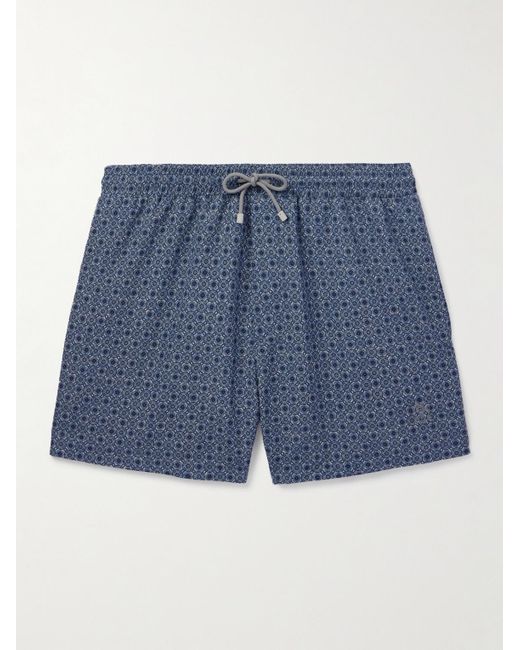 Brunello Cucinelli Blue Straight-leg Short-length Logo-embroidered Printed Swim Shorts for men