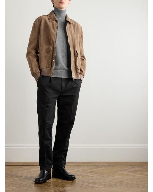Brunello Cucinelli Black Straight-Leg Pleated Cotton-Twill Trousers for men