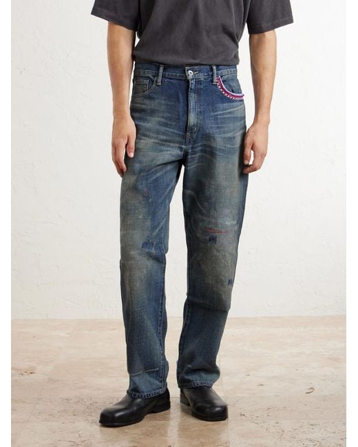 Neighborhood Blue Savage Straight-Leg Bead-Embellished Distressed Jeans for men