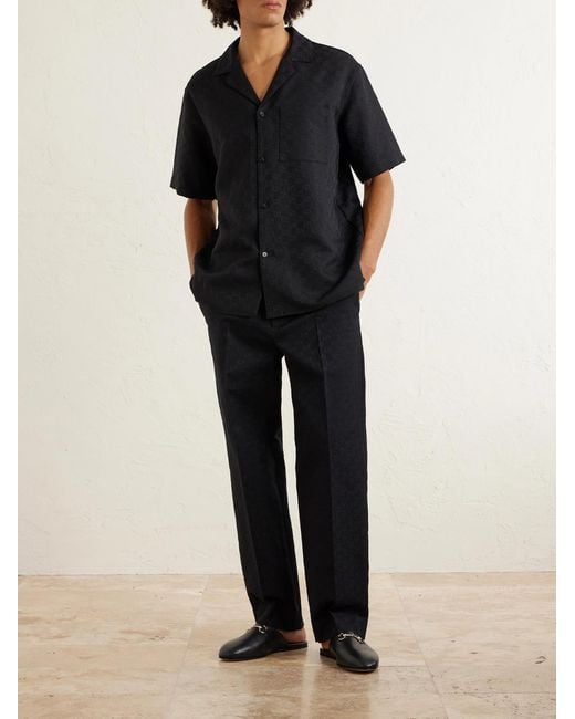 Gucci Black Camp-Collar Logo-Jacquard Linen-Blend Shirt for men