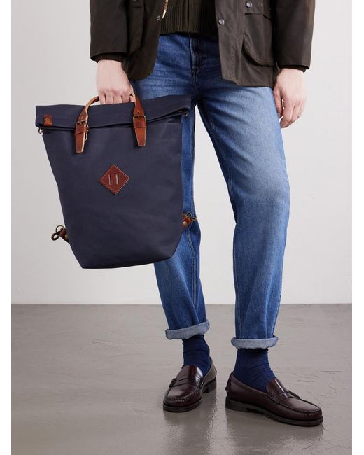 Bleu De Chauffe Blue Woody Leather-Trimmed Waxed Cotton-Canvas Backpack for men