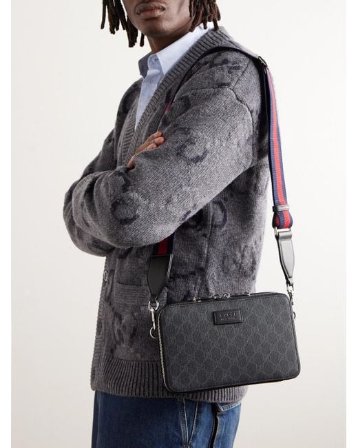 Gucci Gray Logo-appliquéd Leather-trimmed Monogrammed Coated-canvas Messenger Bag for men