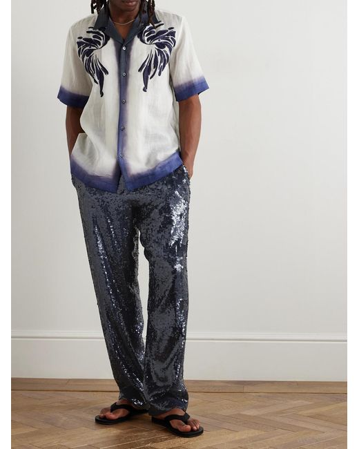 Dries Van Noten Blue Wide-Leg Sequinned Crepe Drawstring Trousers for men