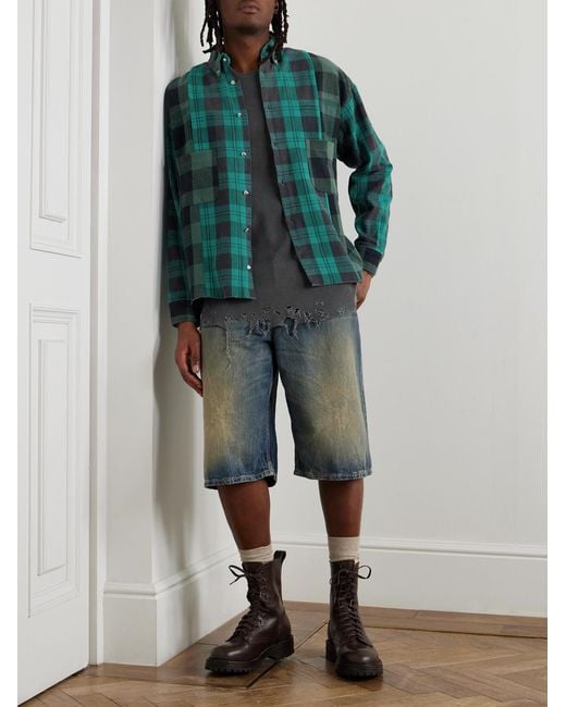READYMADE Green Button-Down Collar Patchwork Checked Cotton-Flannel Shirt for men