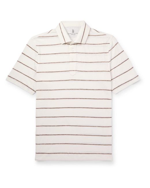 Brunello Cucinelli White Striped Linen And Cotton-blend Polo Shirt for men
