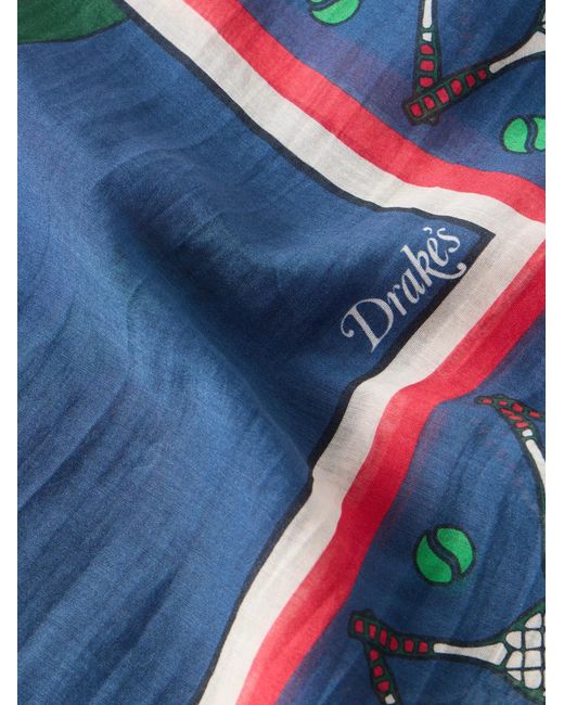 Drake's Blue Printed Cotton And Silk-Blend Scarf for men