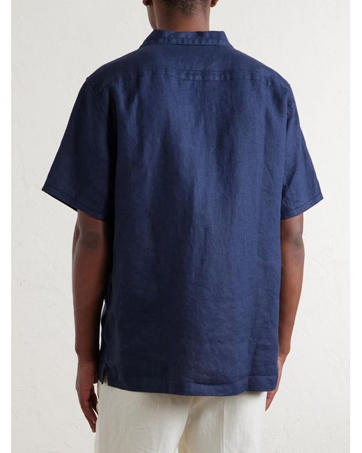 Mr P. Blue Camp-Collar Embroidered Pintucked Linen Shirt for men