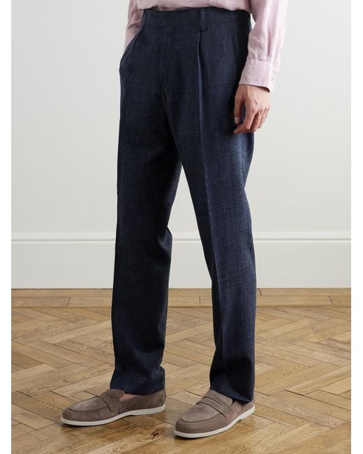 Mr P. Blue Mike Straight-Leg Pleated Wool, Silk And Linen-Blend Suit Trousers for men