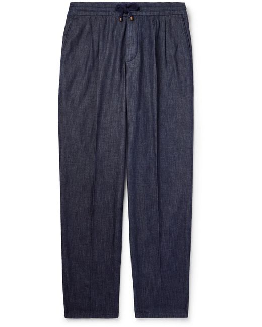 Brunello Cucinelli Blue Pleated Denim Drawstring Trousers for men