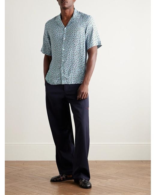 Paul Smith Blue Convertible-Collar Printed Crepe De Chine Shirt for men