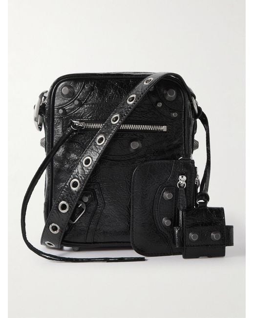 Balenciaga Black Le Cagole Embellished Textured-Leather Messenger Bag for men