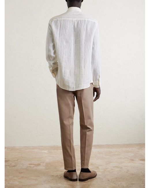 Brunello Cucinelli White Pinstriped Linen Shirt for men