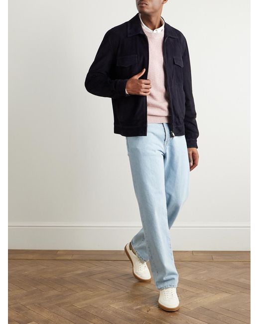 Thom Sweeney Blue Suede Bomber Jacket for men
