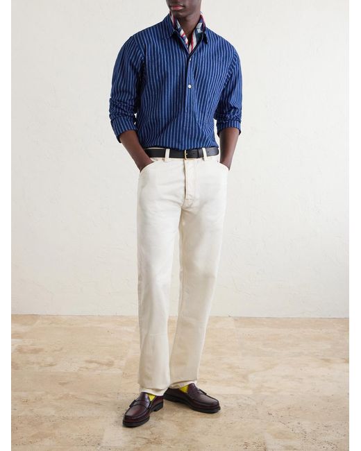Drake's Blue Striped Cotton Polo Shirt for men