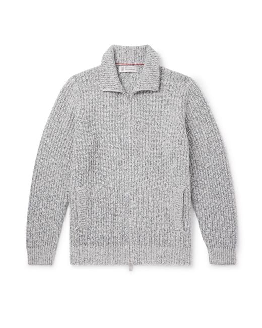 Brunello Cucinelli Gray Ribbed Wool, Silk And Cashmere-Blend Zip-Up Cardigan for men