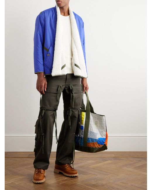 Greg Lauren Blue Shawl-Collar Grosgrain-Trimmed Fleece-Lined Shell Jacket for men