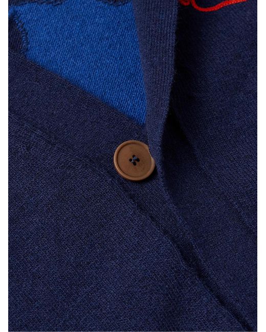 Folk Blue Embroidered Intarsia Wool-blend Cardigan for men