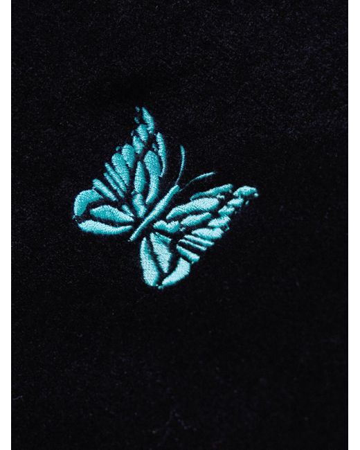 Needles Blue Webbing-trimmed Logo-embroidered Cotton-blend Velour Hoodie for men