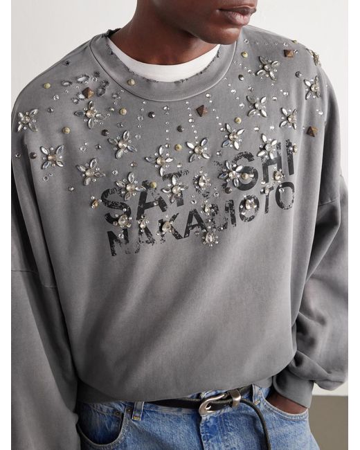 Satoshi Nakamoto Gray Crystal Castle Logo-printed Embellished Distressed Cotton Sweatshirt for men