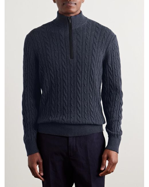 Loro Piana Blue Slim-Fit Suede-Trimmed Cable-Knit Baby Cashmere Half-Zip Sweater for men